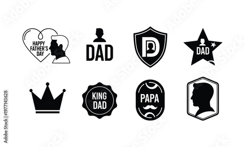 Father's day vector silhouette illustration set, line art of dad, king dad, and papa icons.