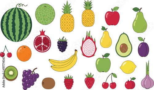 Fresh Fruit Vector Illustration Set with Various Tropical and Organic Fruits Including Apple, Banana, Pineapple, Avocado, and Berries for Healthy Food Design Projects.