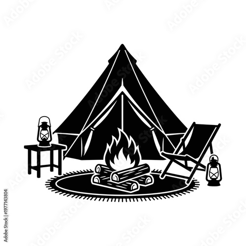 Bikepacking campfire beside touring bicycle in pine forest