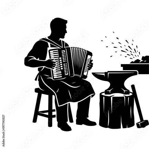 Blacksmith playing accordion beside anvil and forge