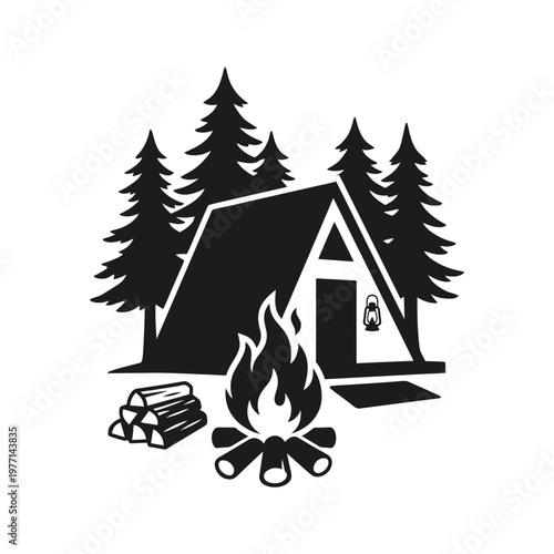 Forest cabin bonfire in front of A frame lodge