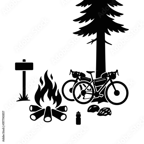 Birch grove campfire with hanging lanterns and bench