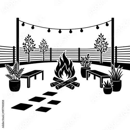 Minimalist backyard bonfire with benches and string lights