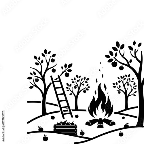 Orchard bonfire with apple trees ladder and harvest crate