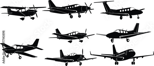 General aviation aircraft silhouette collection, featuring propeller planes, light sport airplanes, and private jet models; isolated vector graphics for travel and transport design