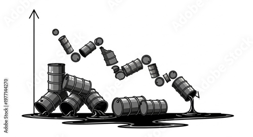Oil barrels falling down a graph representing market decline.