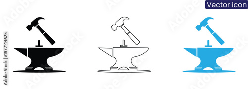 Vector icons of hammer and anvil on white background in black, Line art, And blue