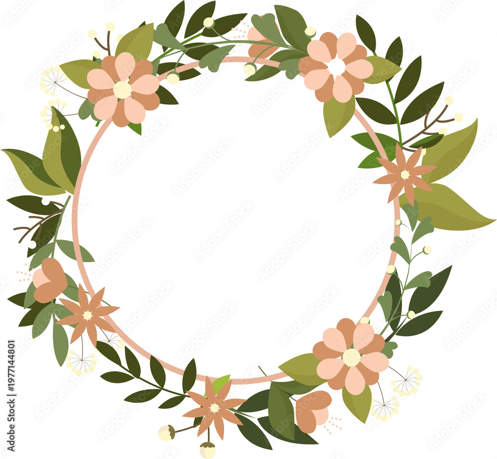 Fototapeta premium Vintage Peach Floral Wreath and Round Flower Frame Vector Illustration
