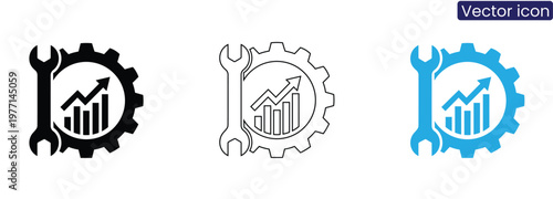 Vector icons of gear with wrench and growing chart on white background