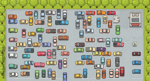 Aerial View of a Crowded Parking Lot Filled with Cars.