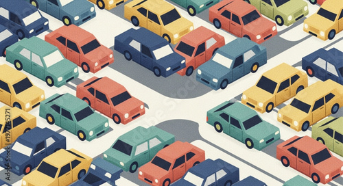 Many colorful cars parked in a lot seen from above.