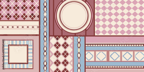 A colorful patterned background with geometric shapes and blank frames