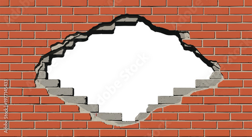 A hole in the brick wall with white background. Concrete brick wall. Hole in the red brick wall. Vector illustration.