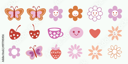 Colorful assortment of whimsical cartoon flowers butterflies and smiling objects