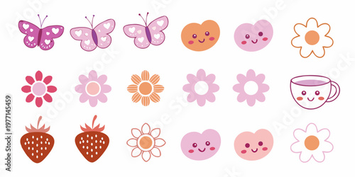 Cute cartoon illustrations of butterflies flowers fruit and a teacup