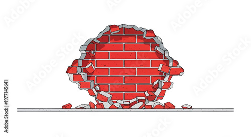 Foto Broken Red Brick Wall With Large Hole, Rubble Pile and Demolition Damage Illustration