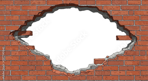 A hole in the brick wall with white background. Concrete brick wall. Hole in the red brick wall. Vector illustration.