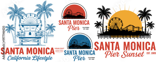 Santa Monica Pier California lifestyle vintage badge set with palm trees Ferris wheel and sunset silhouette, retro travel graphic vector illustration for t-shirt design