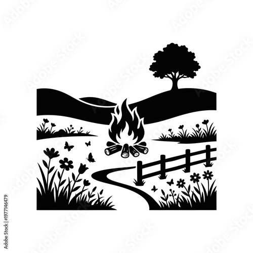Bonfire near yurts camping silhouette vector illustration
