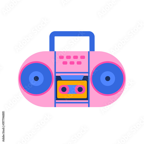 Punk dance retro style with radio and sticker covered cd. Y2k nostalgia featuring tape recorder and cassette player illustration. Jukebox loud pop or reggae music themes.