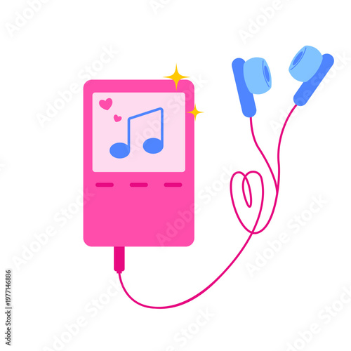Player digital and retro mobile icon with y2k music aesthetic featuring. Mp3 headphones for listening and flat vector design punk and vintage. Style in blue with 90s microphone tv cd tape.
