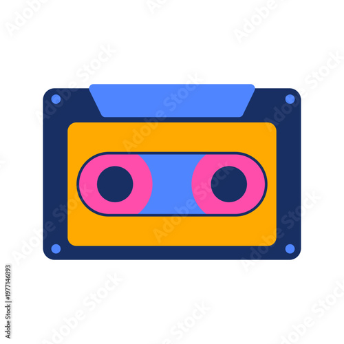 Y2k vector poster with retro music tape and cassette sticker. Nostalgic 1970s pop aesthetic analogue video disco cover. Decal illustration through 90s and 70s vintage style old school.