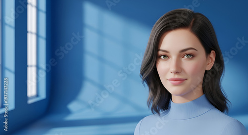 Free Download Portrait of a young woman with dark hair and green eyes, smiling softly in a blue studio with window light creating shadows, ideal for lifestyle or beauty concepts - GFXLoad