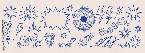 Blue Comic Speech Impact, Action Word Bubble Illustration, Dynamic Graphic Novel Graphics, Whimsical Storytelling Sketch Art, Creative Impact Line Drawing, Aesthetic Blue Pop Art, Power Motion Theme E