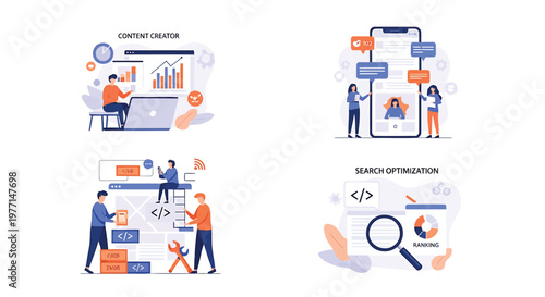 SEO optimization, digital marketing, vector icons, business workflow, content creation
