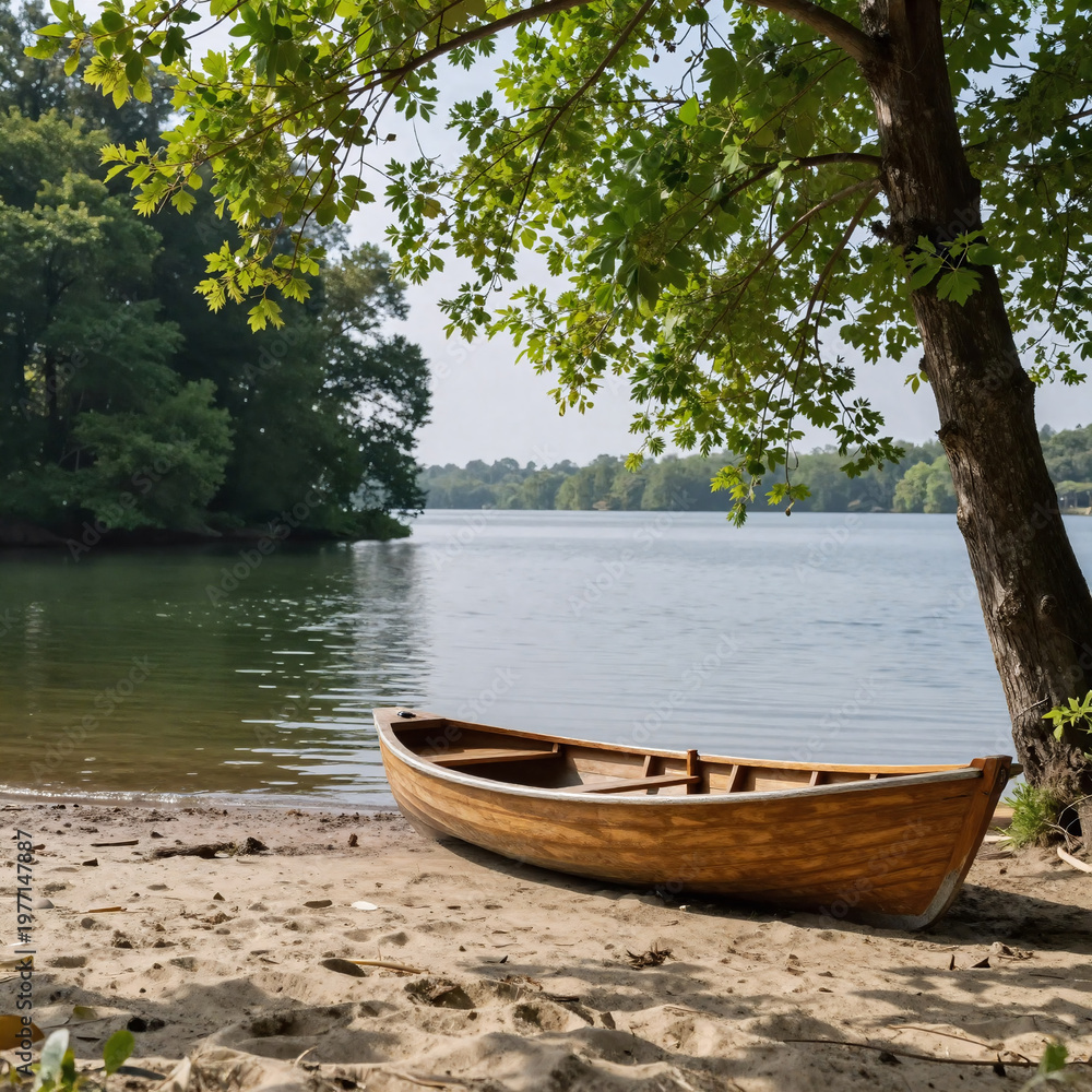 Obraz premium Sci-Fi Boat Green. Small Boat Resting On Sandy Lakeside Surrounded By Verdant Trees