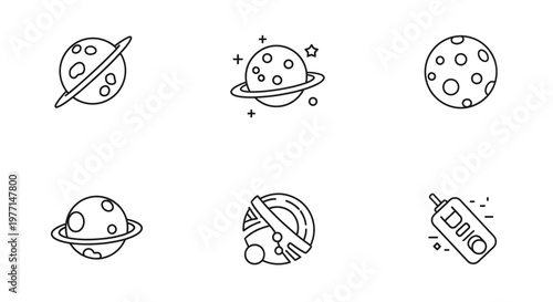 Black and white vector illustrations of planets and celestial bodies