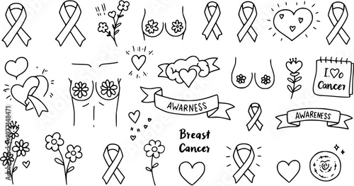 Breast Cancer Awareness Line Art Icons - Pink Ribbons, Hearts, Flowers  Breasts