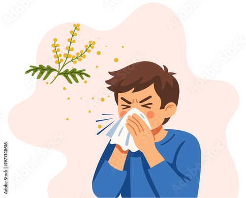 Boy Sneezing from Pollen Allergy, Seasonal Allergy Concept, Child with Tissue, Hand Drawn Vector Illustration