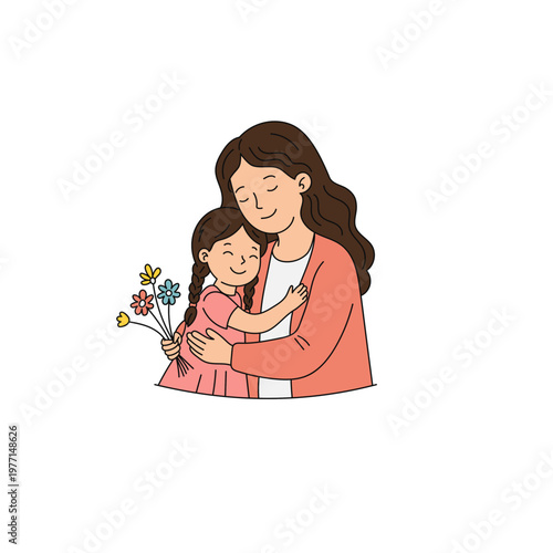 Mother and Daughter Hugging Illustration