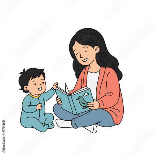 Mother Reading Book to Baby Illustration