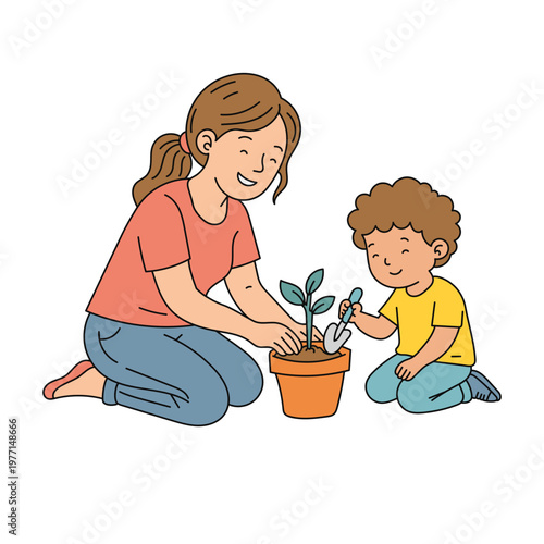 Mother and Child Gardening Together