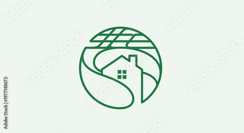 A green line drawing depicts a house with solar panels on its roof enclosed in a circular leafy design.