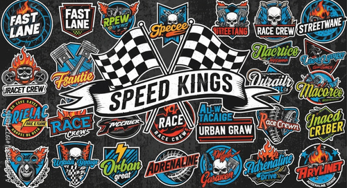 Collection of racing and speed themed emblems and logos.