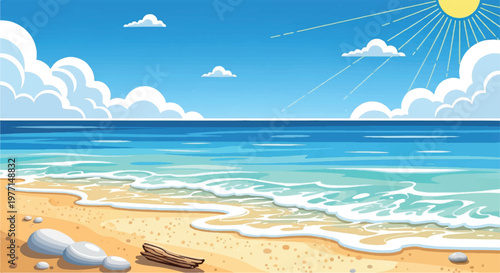 Beach and sea landscape. Sunny sandy beach. Illustration of a beach and sea view.