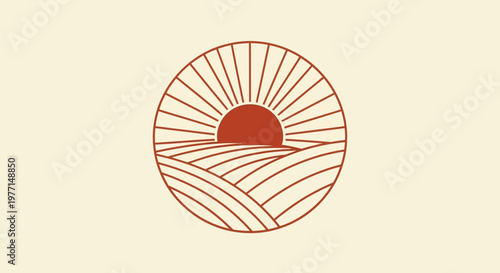 Sunrise over rolling hills with orange sun and lines