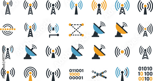 Various communication tower and satellite dish icons represent wireless signal transmission technologies.