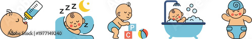 A series of cartoon-style icons illustrate different baby activities such as feeding, sleeping, playing, bathing, and being dressed.