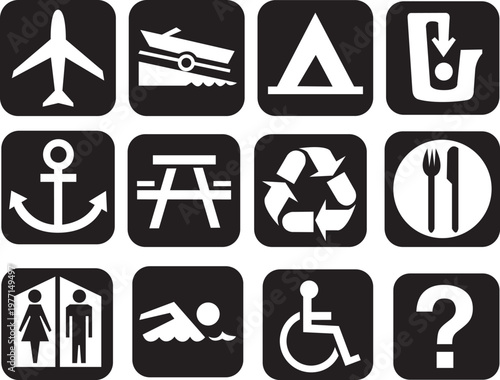 Accessibility Icon Set in Black and White, Modern Minimal 3x4 Grid with Travel, Leisure, and Public Symbols