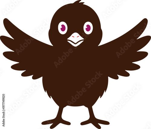 Cute brown cartoon chick with wide open wings and pink eyes bird