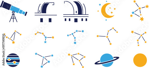 Astronomical telescope and celestial bodies icons represent the vastness of space and scientific exploration.