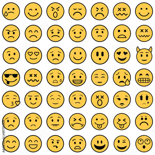 Collection of various yellow emoticon faces on white background

