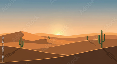 Desert landscape with sand dunes. Desert and blue sky view. Illustration of a desert landscape. 