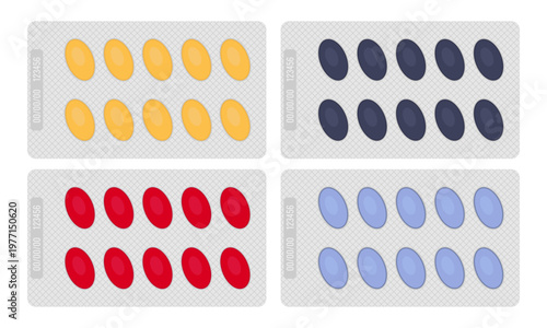 Tablet blister pack vector set on transparent background. Vector medicine tablet illustration for pharmaceutical mockups, healthcare infographics, medical app interfaces