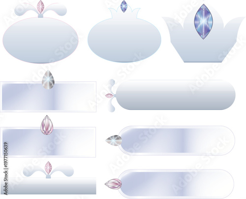 White Oval Card Collection with Gemstone Embellishments, Glossy Elegant Label Set in Grid Layout