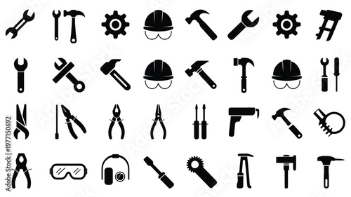 Collection of black and white construction tools and equipment icons including hammers wrenches hard hats and safety gear on a grid background